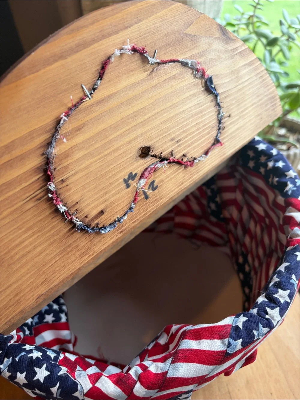 Vintage Wood Double Lid Barrel Weave Basket Lined Flag Heart